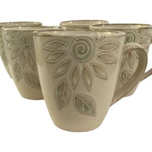 Pfaltzgraff Daisy Chain Flower Coffee Mugs Tea Cups Beige 3 3/4 Set Of 5